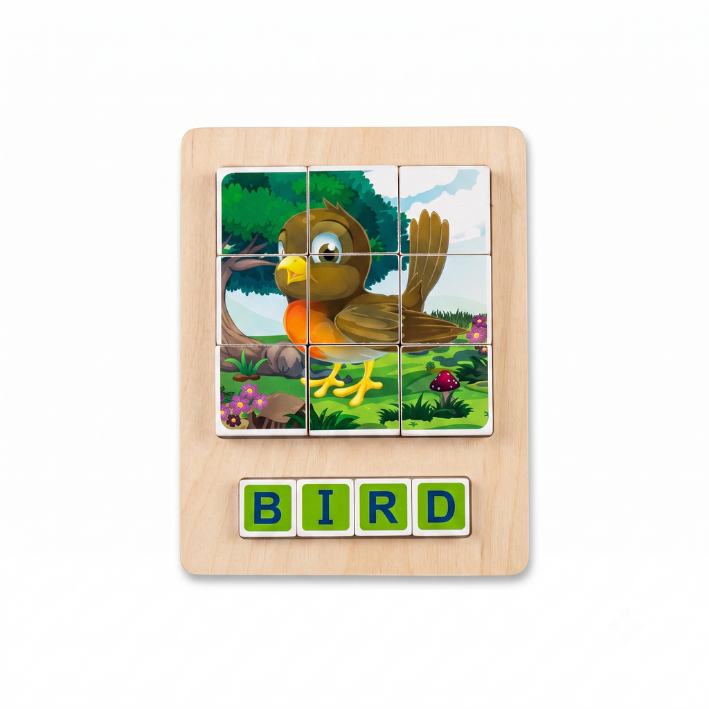 Wooden Bird Picture Grid & Word Spelling Puzzle