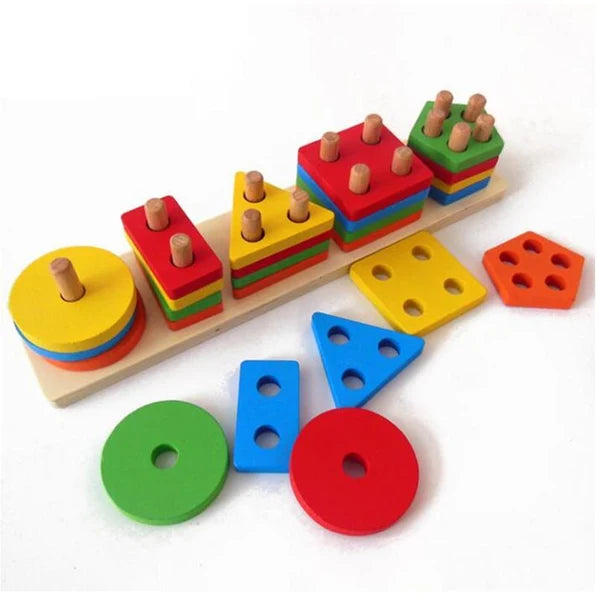 Wooden 5-Column Geometric Shape Sorter & Stacker Puzzle