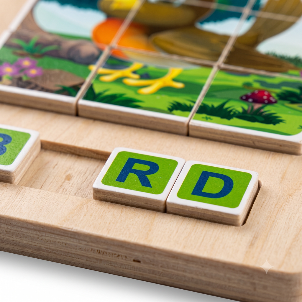 Wooden Bird Picture Grid & Word Spelling Puzzle