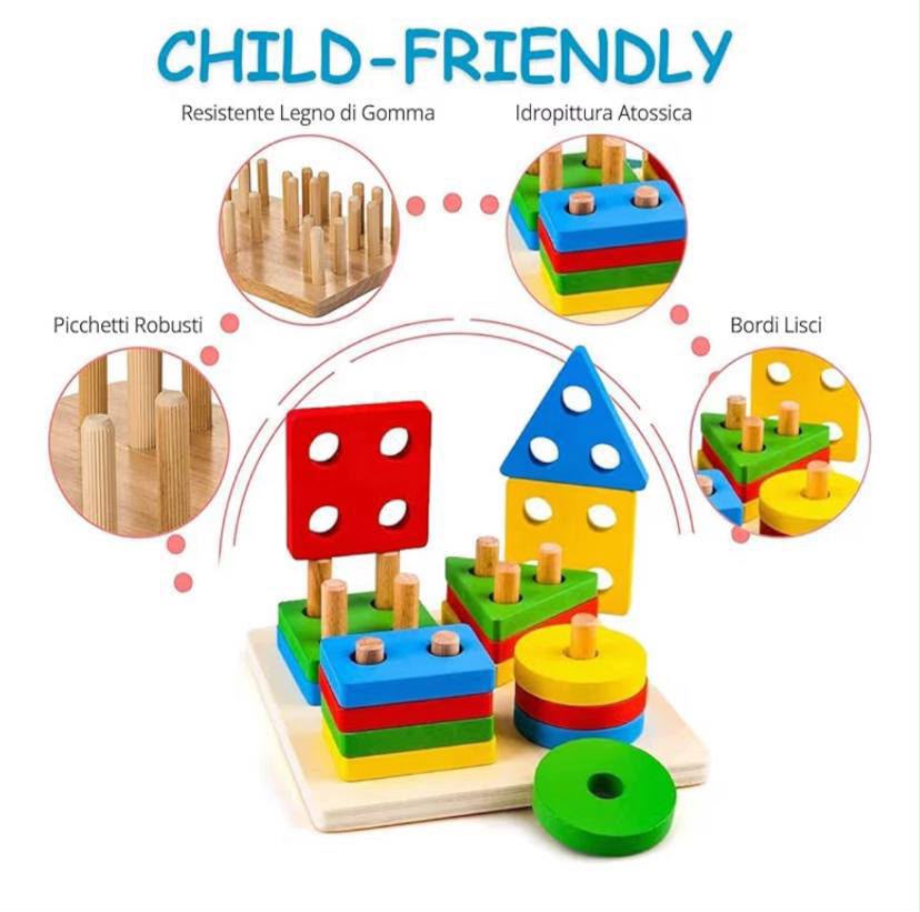 Column Wooden Geometric Shape Sorter & Stacker Puzzle