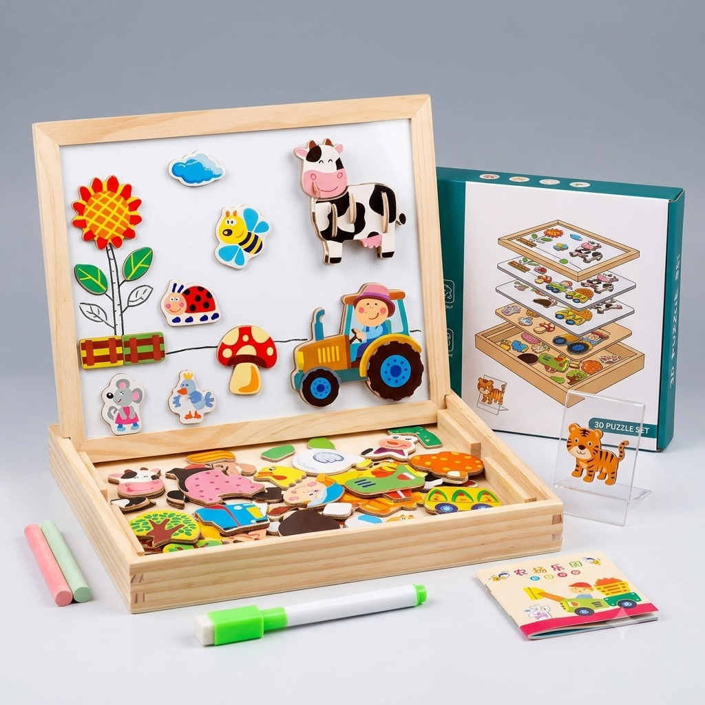 Wooden Magnetic Animal Puzzle Board with Drawing Set