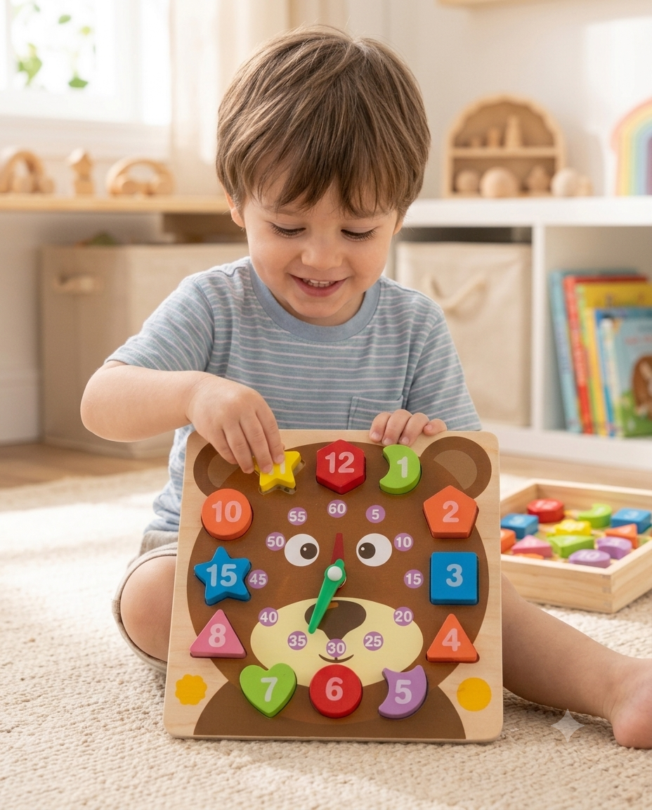 Wooden Bear Shape Sorting Clock – The Fun Way to Master Time, Shapes & Numbers