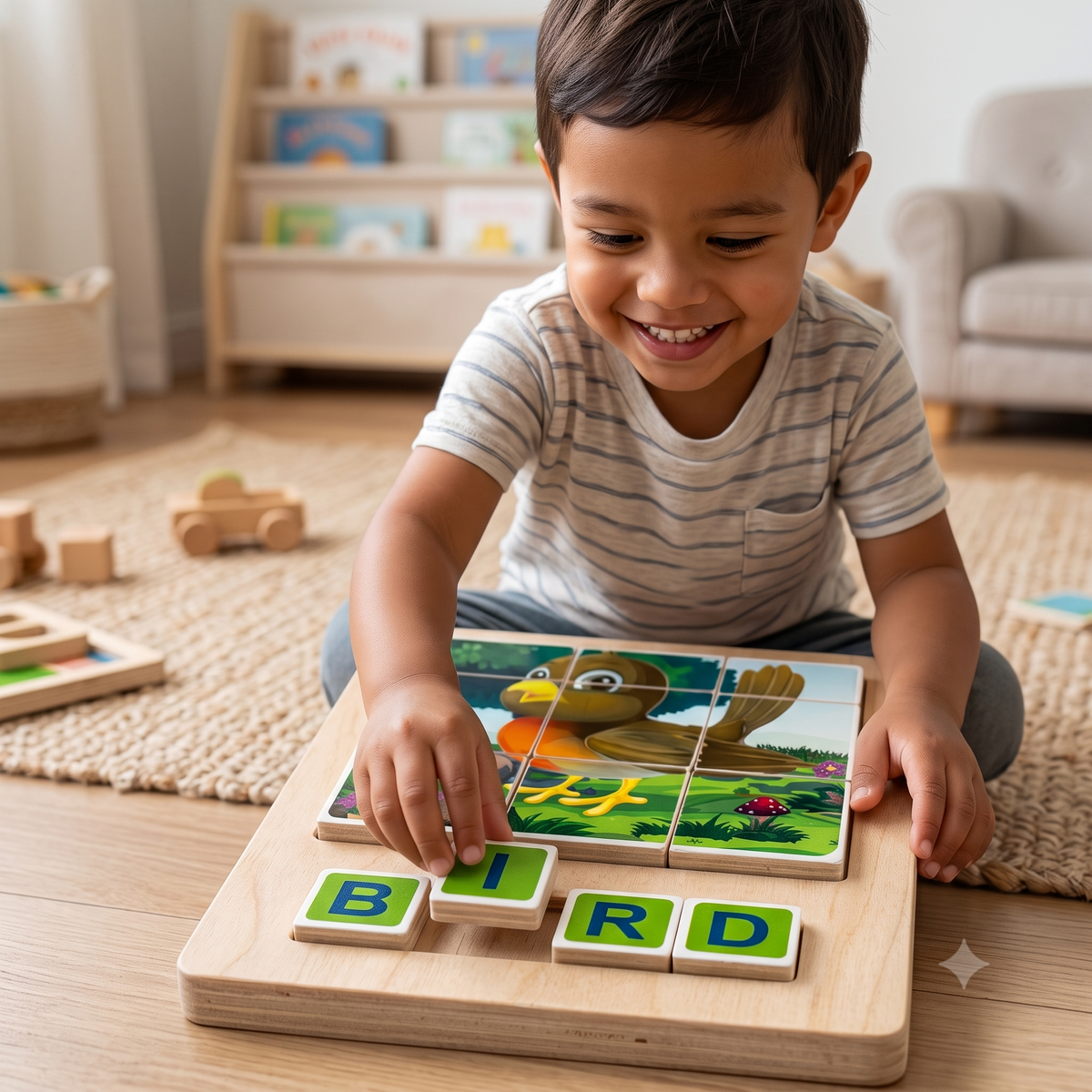 Wooden Bird Picture Grid & Word Spelling Puzzle