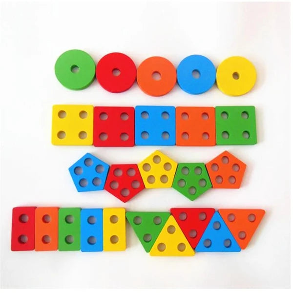 Wooden 5-Column Geometric Shape Sorter & Stacker Puzzle