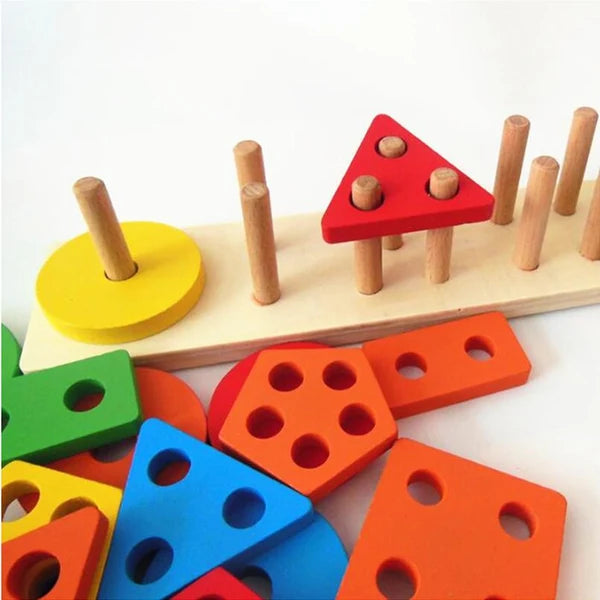 Wooden 5-Column Geometric Shape Sorter & Stacker Puzzle