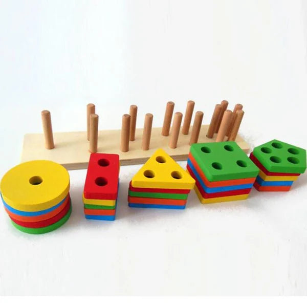 Wooden 5-Column Geometric Shape Sorter & Stacker Puzzle