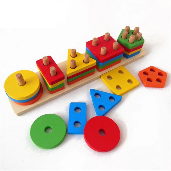 Wooden 5-Column Geometric Shape Sorter & Stacker Puzzle